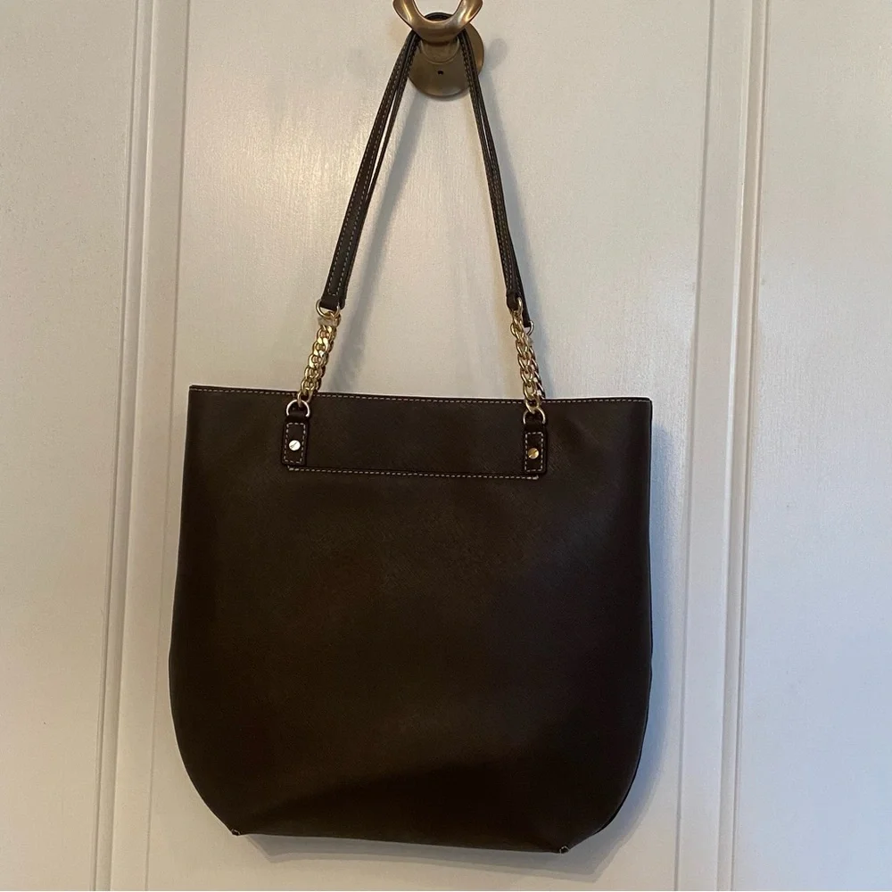 MICHAEL KORS NEW TOTE BAG BROWN SAFFIANO LEATHER JET SET GOLD CHAIN 2 STRAPS NWT - Picture 2 of 13